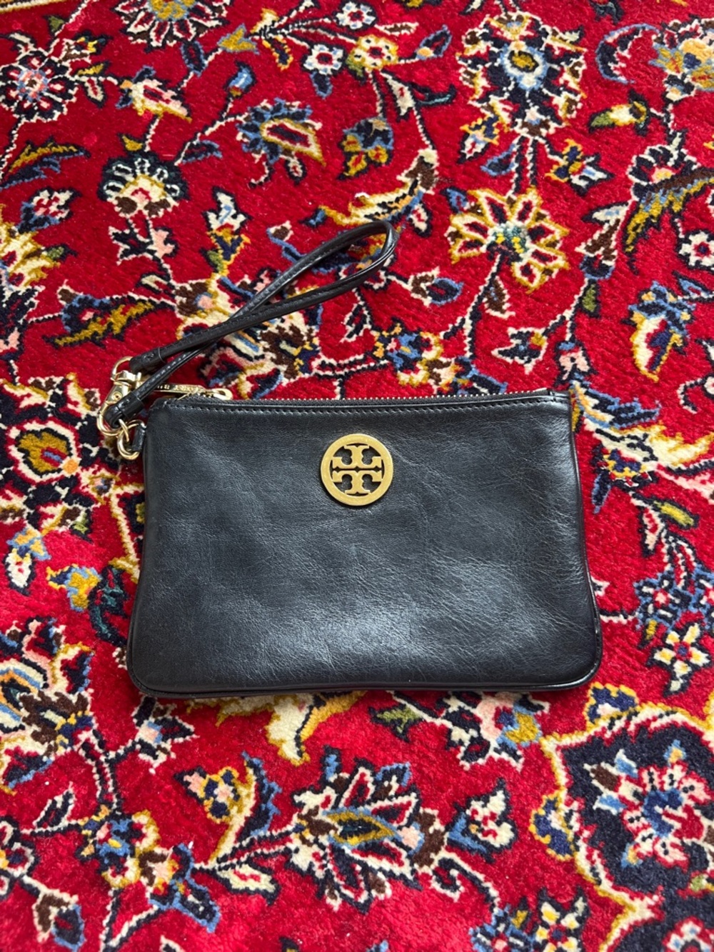 Tory Burch Black Leather Logo Wristlet with Gold Emblem